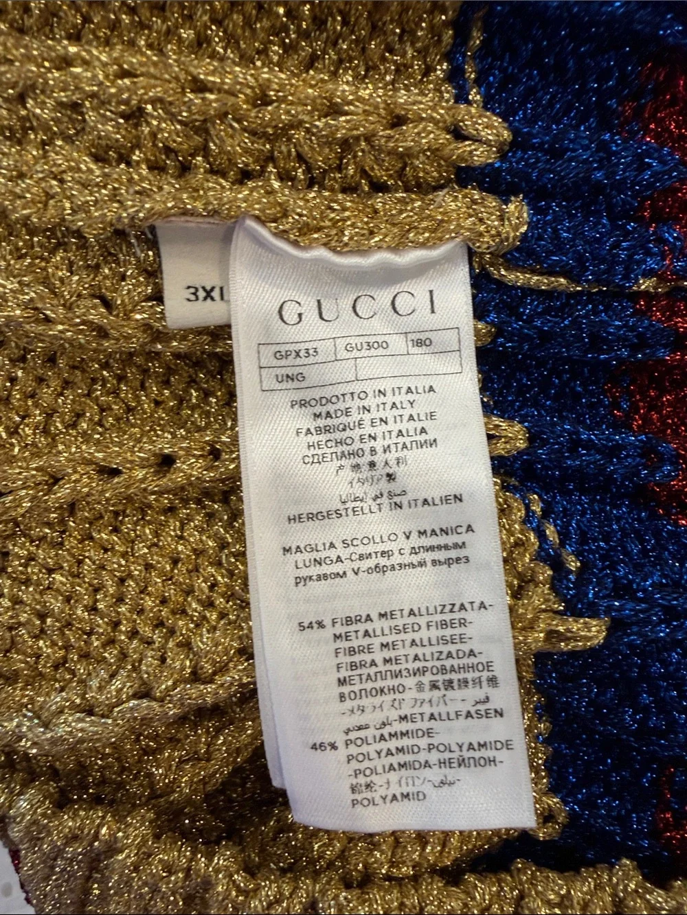 Gucci Gold Cable Knit V-Neck Sweater with Blue and Burgundy Trim